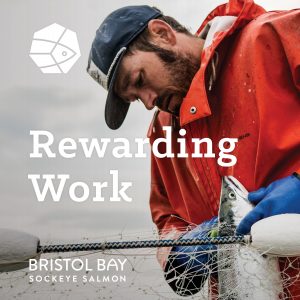 A fisherman removing a salmon from a net with the text "Rewarding Work" overlaid.