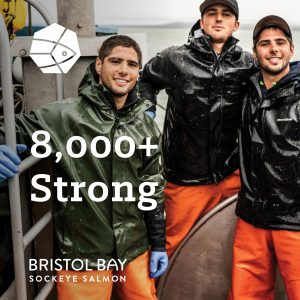 Three fishermen in black raincoats and orange rain pants standing on a boat with the text "8,000+ Strong" overlaid.
