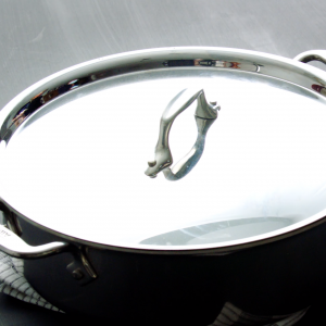 A stainless steel pot with a lid.