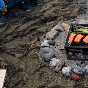 A beach fire with a metal grill grate on top with three sockeye salmon fillets and asparagus spears.