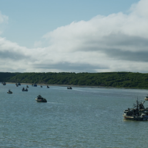 Several fishing vessels on the water with a horizon of green and the sky filled with clouds.